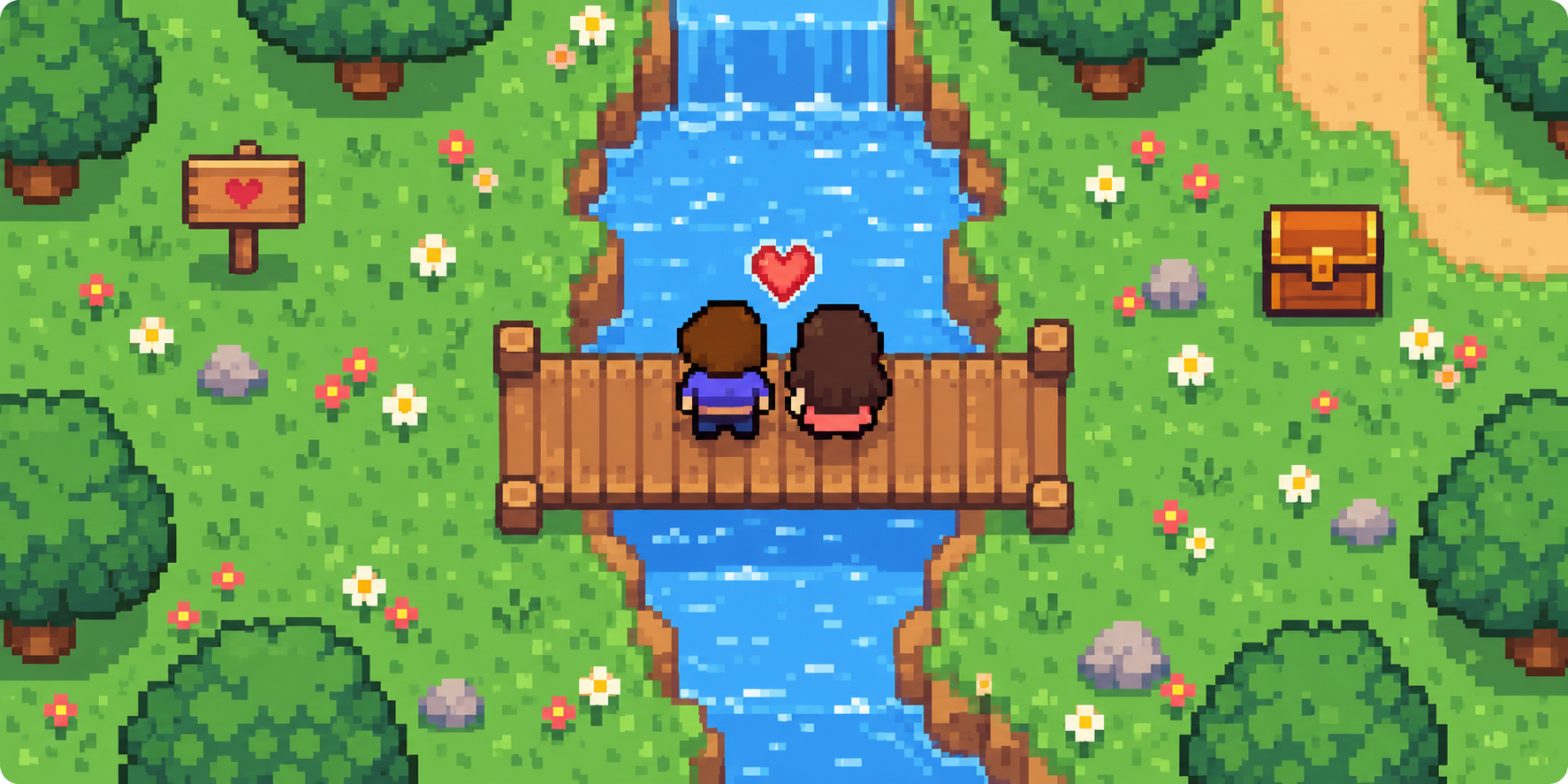 Casal em pixel art de mãos dadas em uma ponte sobre um rio, entre flores e árvores