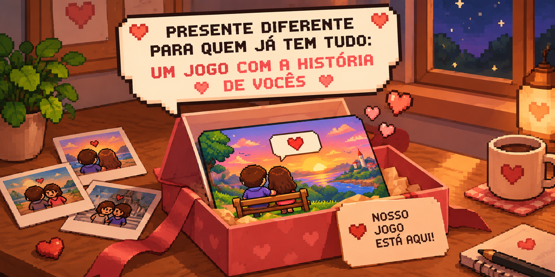 Caixa de presente com imagens pixel art de um casal e a mensagem ‘Presente diferente para quem já tem tudo: um jogo com a história de vocês’
