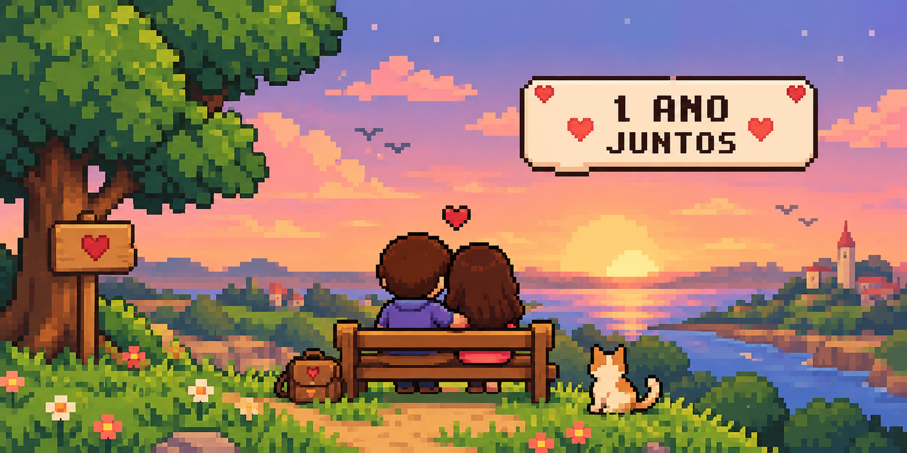 Casal em pixel art sentado em um banco ao pôr do sol, com a mensagem ‘1 ano juntos’