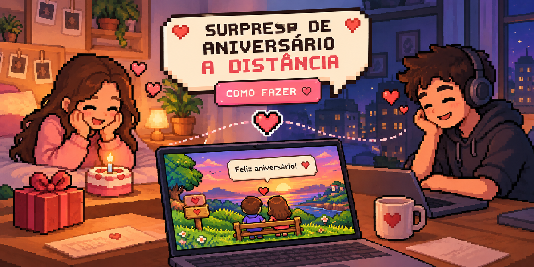 Casal comemorando um aniversário à distância por videochamada, com um jogo personalizado aberto no notebook